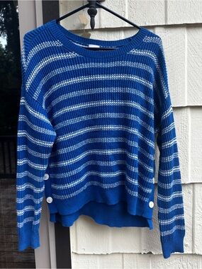 CAbi Blue and White Striped Crewneck Sweater